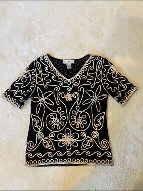 Once 1 Again Womens  3/4 Sleeves Embroidered V-Neck Black Top with Cream Trim